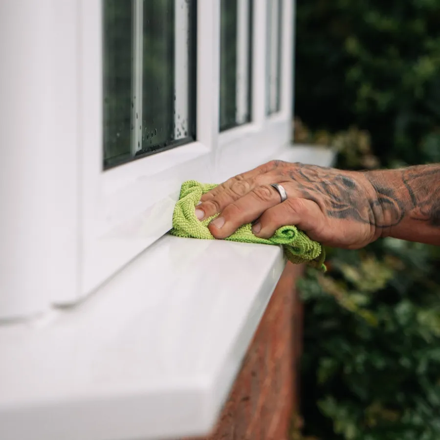 Hand wiping a window sill clean with a green microfibre cloth